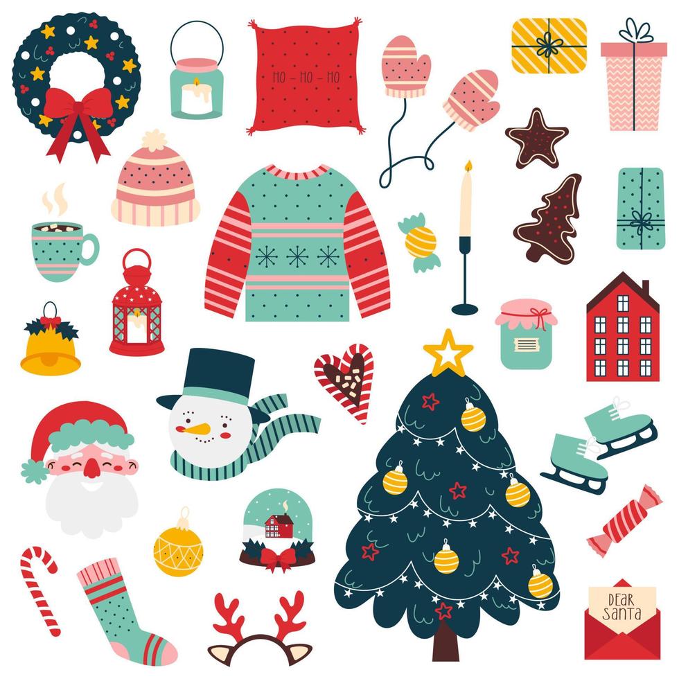 Kerstmis elementen set. Kerstmis boom en lauwerkrans, de kerstman claus, snoepjes, warm kleren, sneeuwman en ander. winter verzameling geïsoleerd Aan wit achtergrond. vector