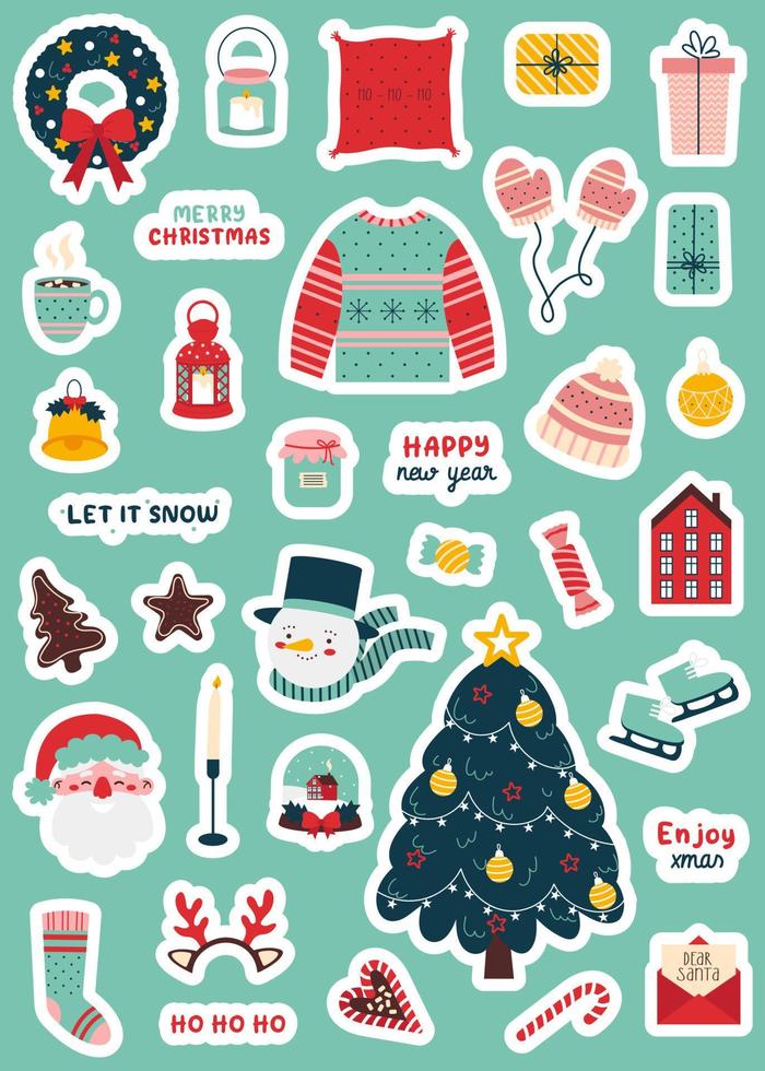 Kerstmis sticker set. Kerstmis boom en lauwerkrans, de kerstman claus, snoepjes, warm kleren, sneeuwman en ander. winter verzameling geïsoleerd Aan blauw achtergrond. vector