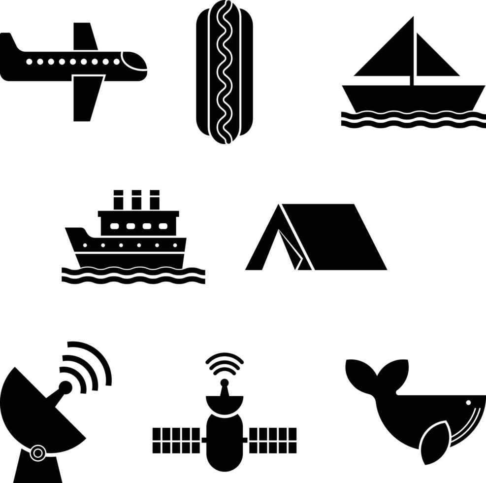 willekeurig icoon reeks van vliegtuig, heet hond, boot, schip, camping tent, walvis, satelliet en booster gerecht. vector