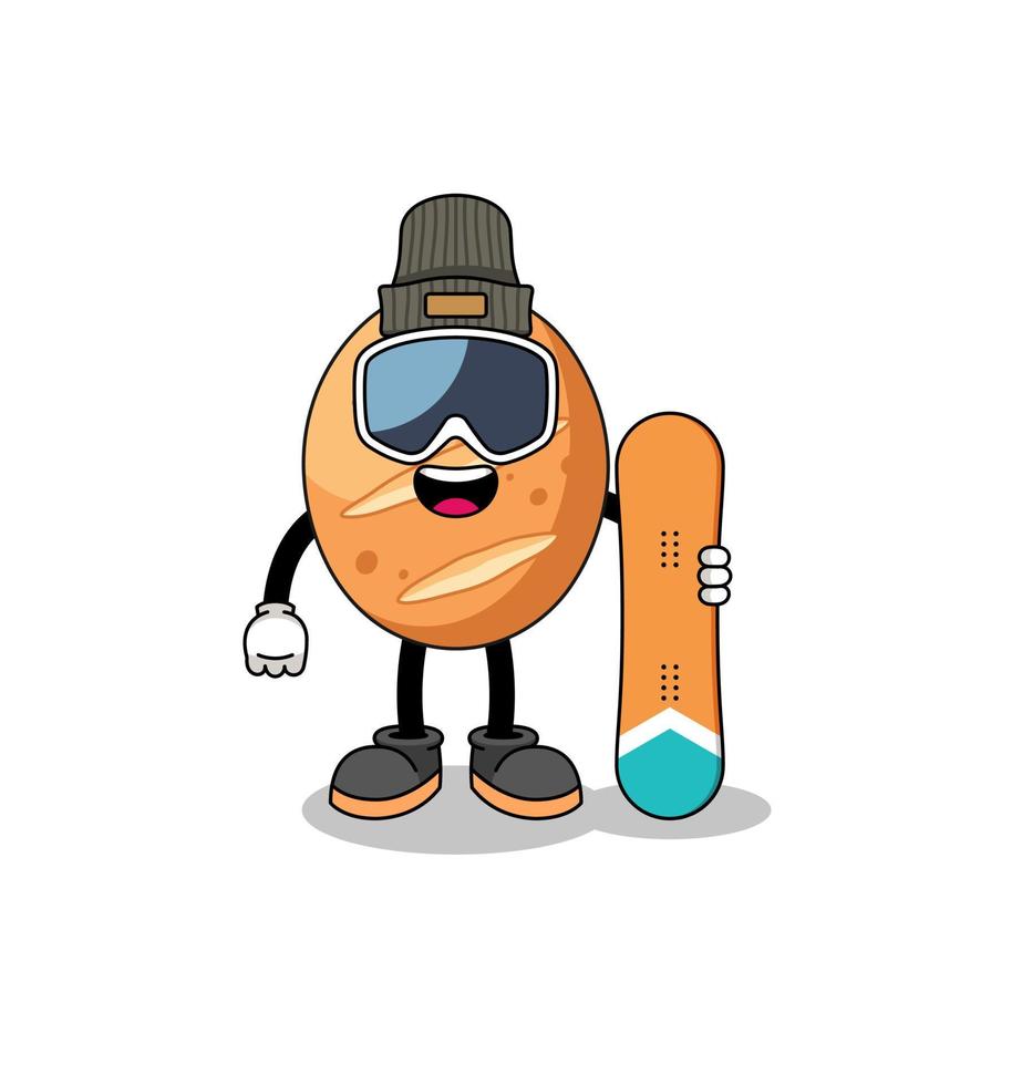 mascotte tekenfilm van Frans brood snowboard speler vector
