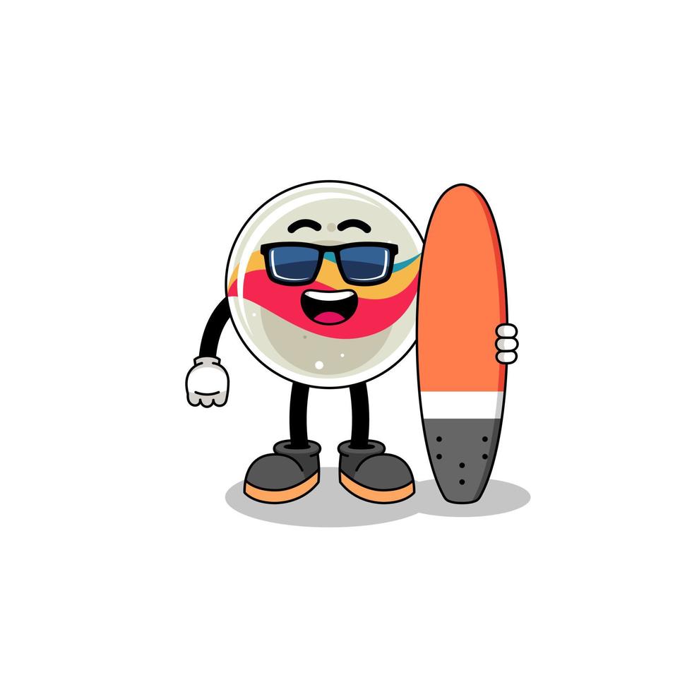 mascotte tekenfilm van marmeren speelgoed- net zo een surfer vector