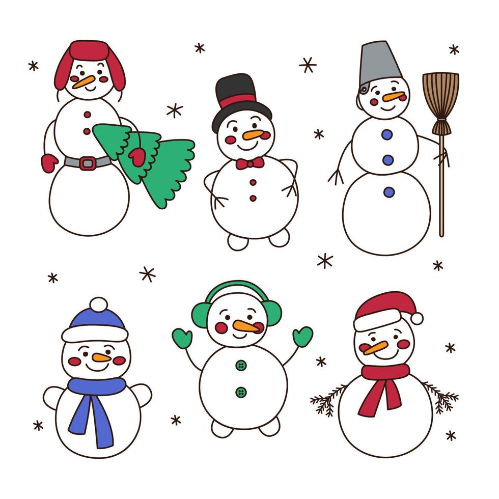 reeks van verschillend schattig sneeuwmannen in hoeden, wanten, sjaals, met een Kerstmis boom en een bezem in tekening stijl geïsoleerd Aan wit achtergrond. vector illustratie voor winter, nieuw jaar