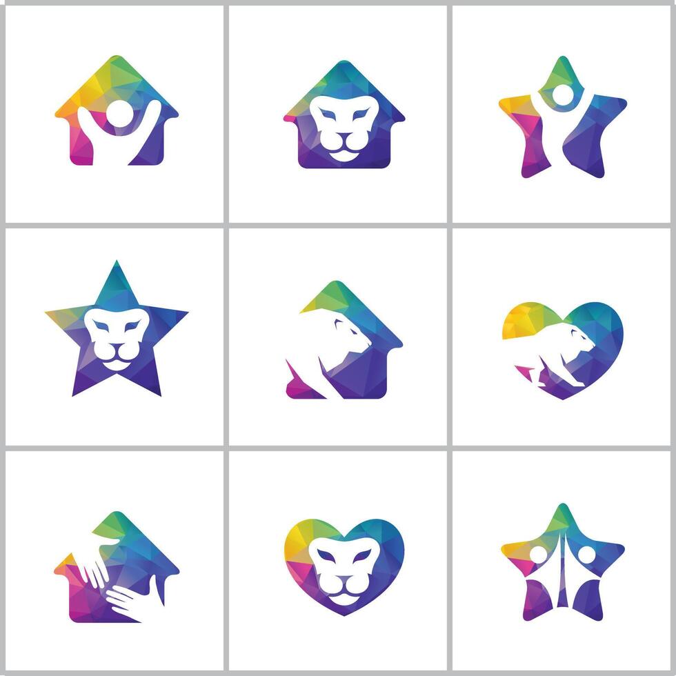 leeuw logo ontwerp set, kleurrijk dieren in het wild dier vector pictogrammen, laag poly leeuw in hart, huis en ster vector illustratie.