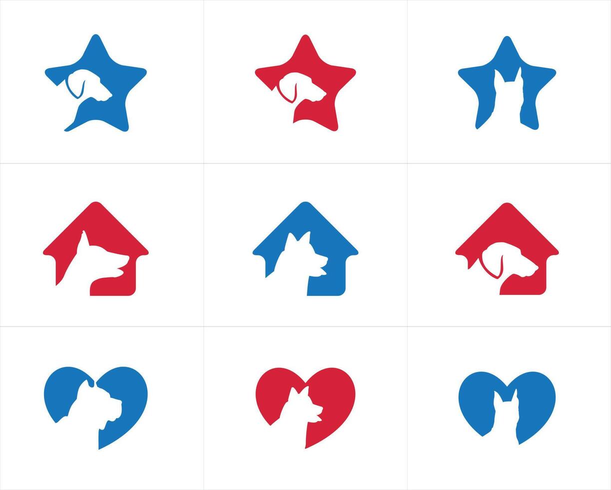 hond logo ontwerp, huisdier zorg centrum, hond in huis illustratie, dier ziekenhuis vector pictogrammen.