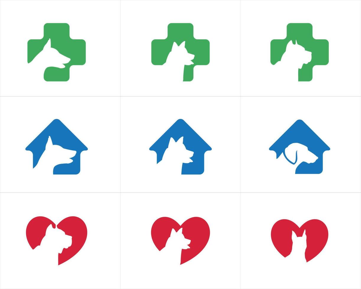 hond logo ontwerp, huisdier zorg centrum, hond in huis illustratie, dier ziekenhuis vector pictogrammen.
