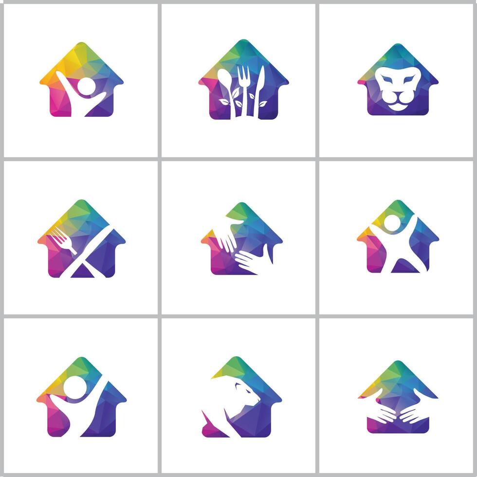 leeuw logo ontwerp set, kleurrijk dieren in het wild dier vector pictogrammen, laag poly leeuw in hart, huis en ster vector illustratie.