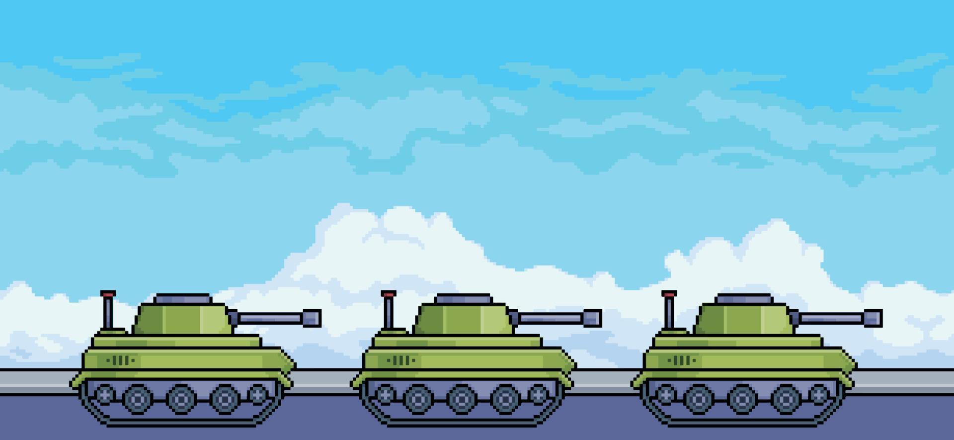 pixel kunst konvooi van oorlog tanks Aan de straat met blauw lucht achtergrond vector tafereel voor 8 bit spel
