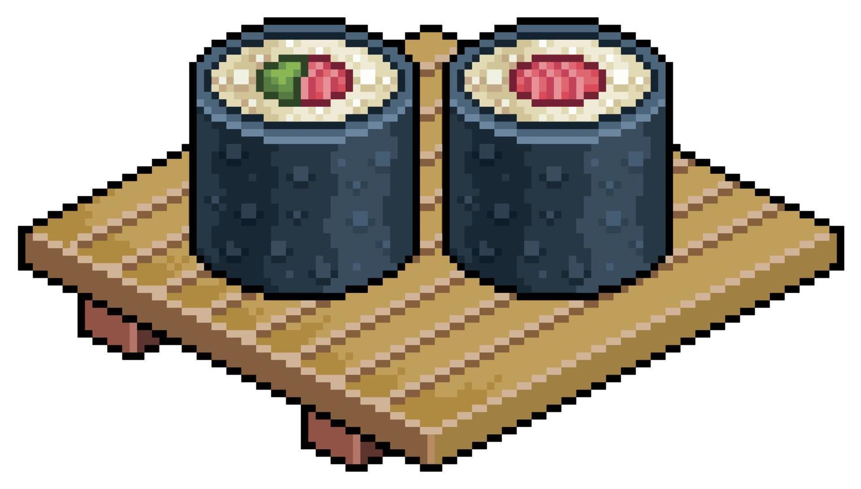 pixel kunst tekka maki, hosomaki Aan houten bord voor sushi vector icoon voor 8 bit spel Aan wit achtergrond