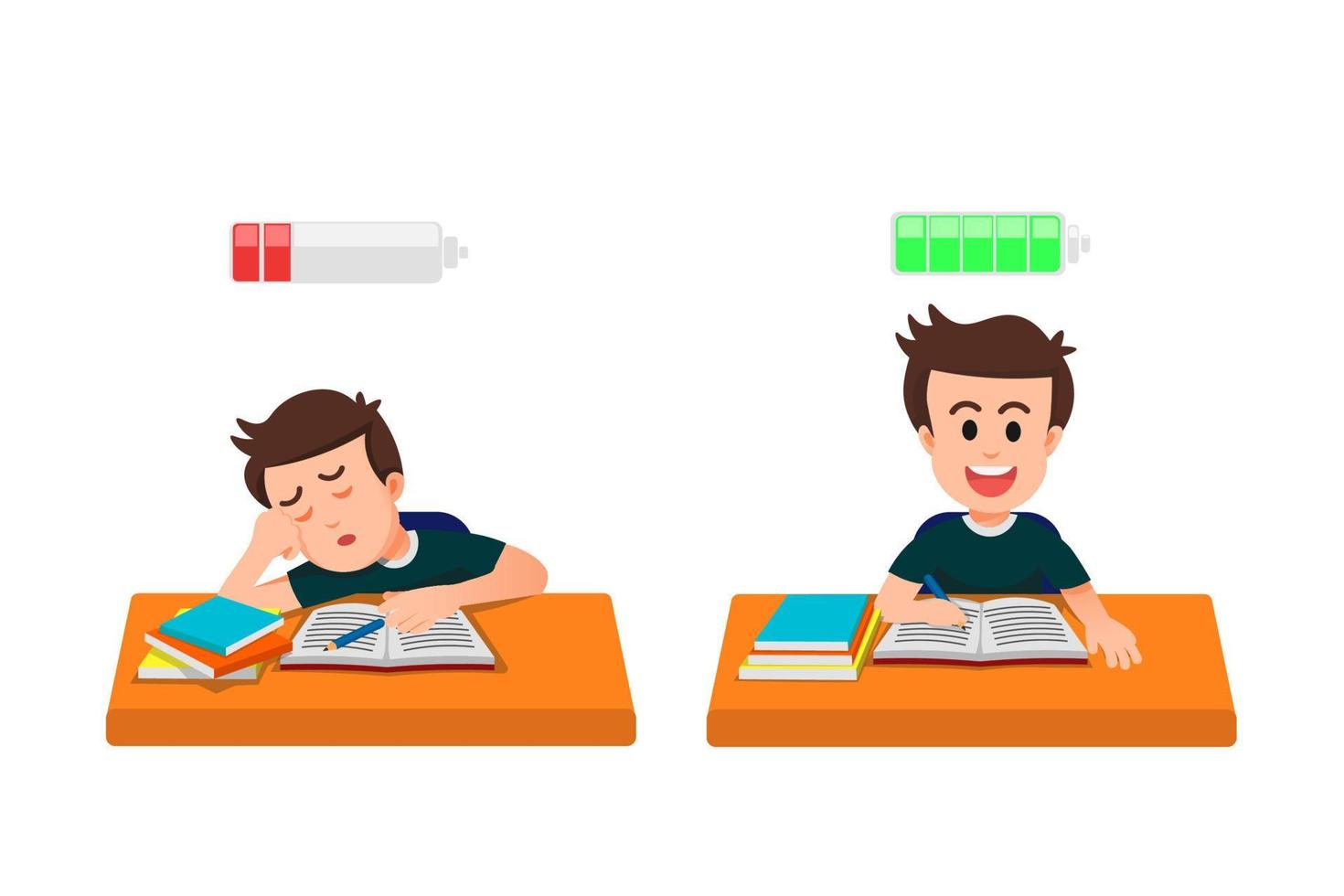 een jongen met een houding van uitputting en opgewonden terwijl aan het studeren vector