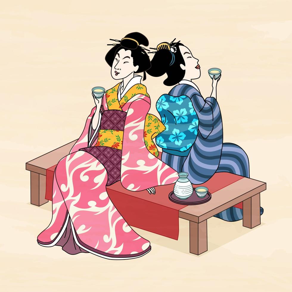 ukiyo e stijl geisha genieten van rijstwijn en resting Aan thee huis bank vector