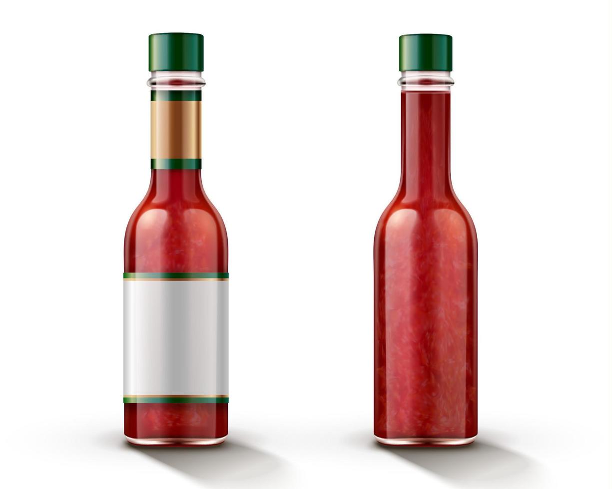 heet Chili saus fles mockup met blanco etiket in 3d illustratie vector
