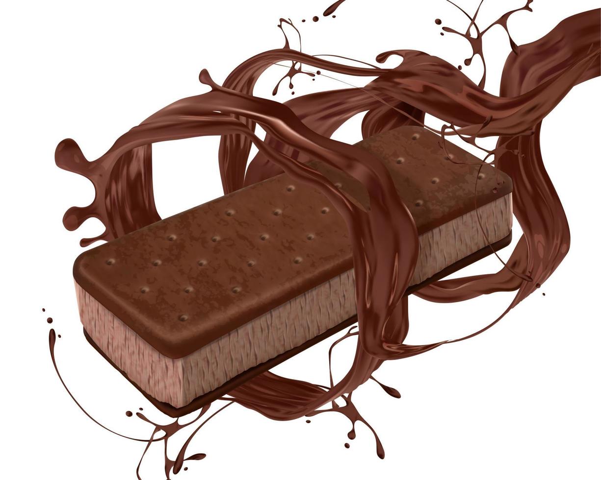 ijs room belegd broodje koekje met gieten chocola saus Aan wit achtergrond in 3d illustratie vector