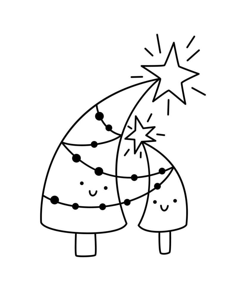 twee schattig gelukkig minnaar Kerstmis lijn bomen paar. lijn hand- getrokken vrolijk Kerstmis en gelukkig nieuw jaar kleur geïsoleerd illustratie voor de viering van winter vakantie vector