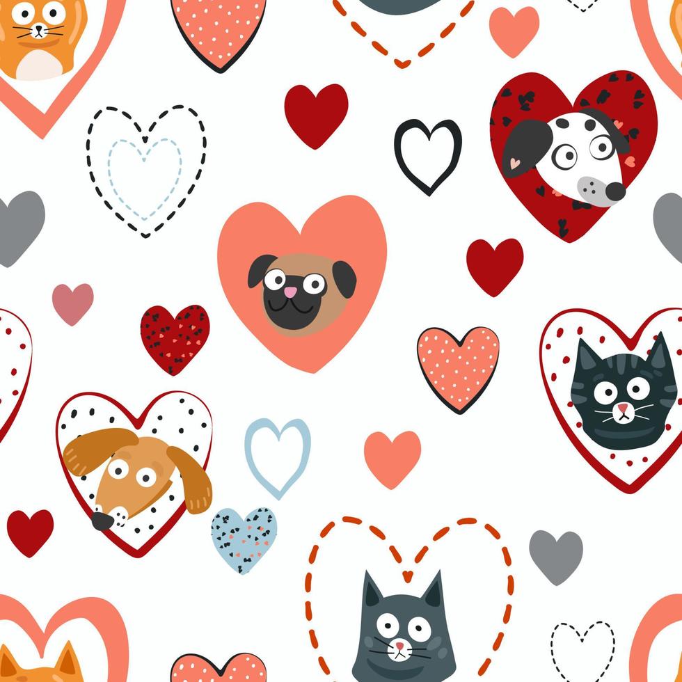 honden en katten in harten. naadloos patroon, vector illustratie