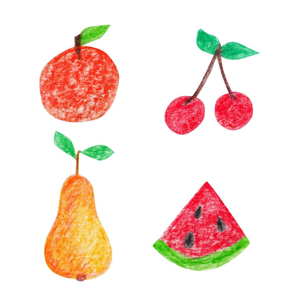appel, Peer, kers, watermeloen hand- getrokken met gekleurde potloden. tekenfilm stijl. geïsoleerd Aan wit achtergrond vector