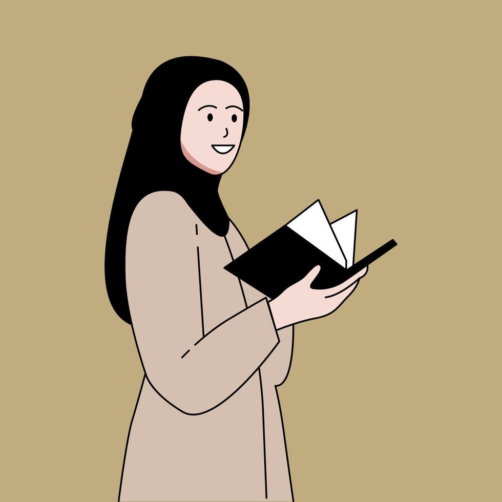 vrouw moslim leraar Open een boek vlak illustratie vector