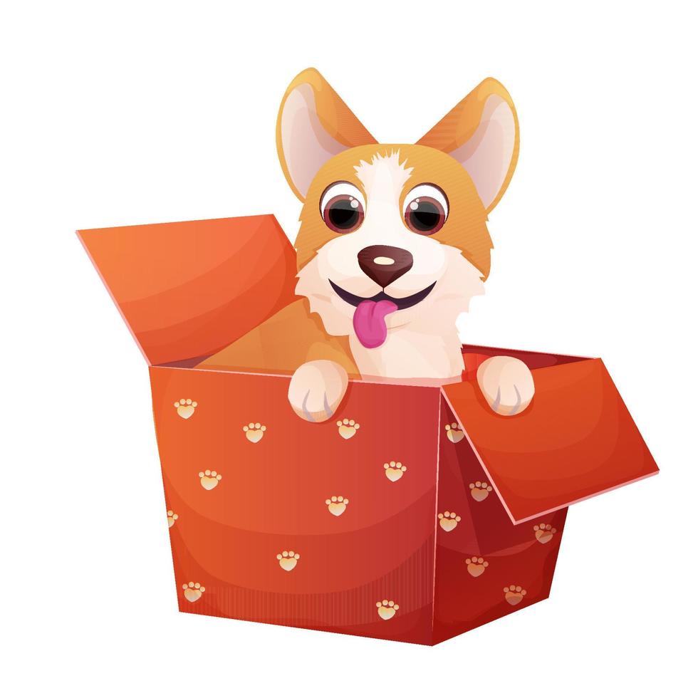 schattig corgi hond zittend in de doos, aanbiddelijk huisdier in tekenfilm stijl geïsoleerd Aan wit achtergrond. grappig emotioneel karakter, grappig houding. vector illustratie