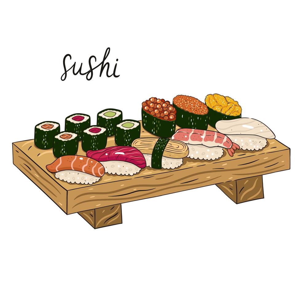divers types van sushi, maki, Gunkan geserveerd Aan een houten dienblad isoleren Aan een wit achtergrond. vector grafiek