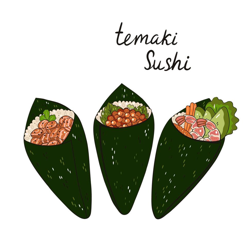 temaki sushi reeks geïsoleerd Aan wit achtergrond. vector grafiek.