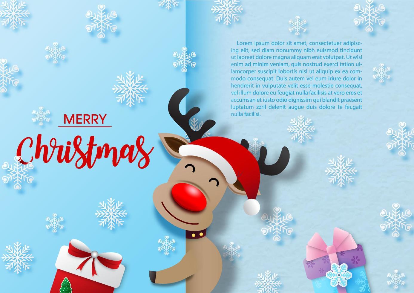 detailopname en Bijsnijden schattig rendier in tekenfilm karakter met voorbeeld teksten en geschenk doos Aan sneeuwvlok en blauw achtergrond. Kerstmis groet kaart in vector ontwerp.