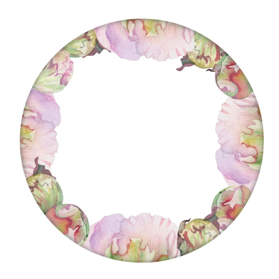 waterverf cirkel kader arrangement met hand- getrokken delicaat roze pioen bloemen, bloemknoppen en bladeren. geïsoleerd Aan wit achtergrond. voor uitnodigingen, bruiloft, liefde of groet kaarten, papier, afdrukken, textiel vector