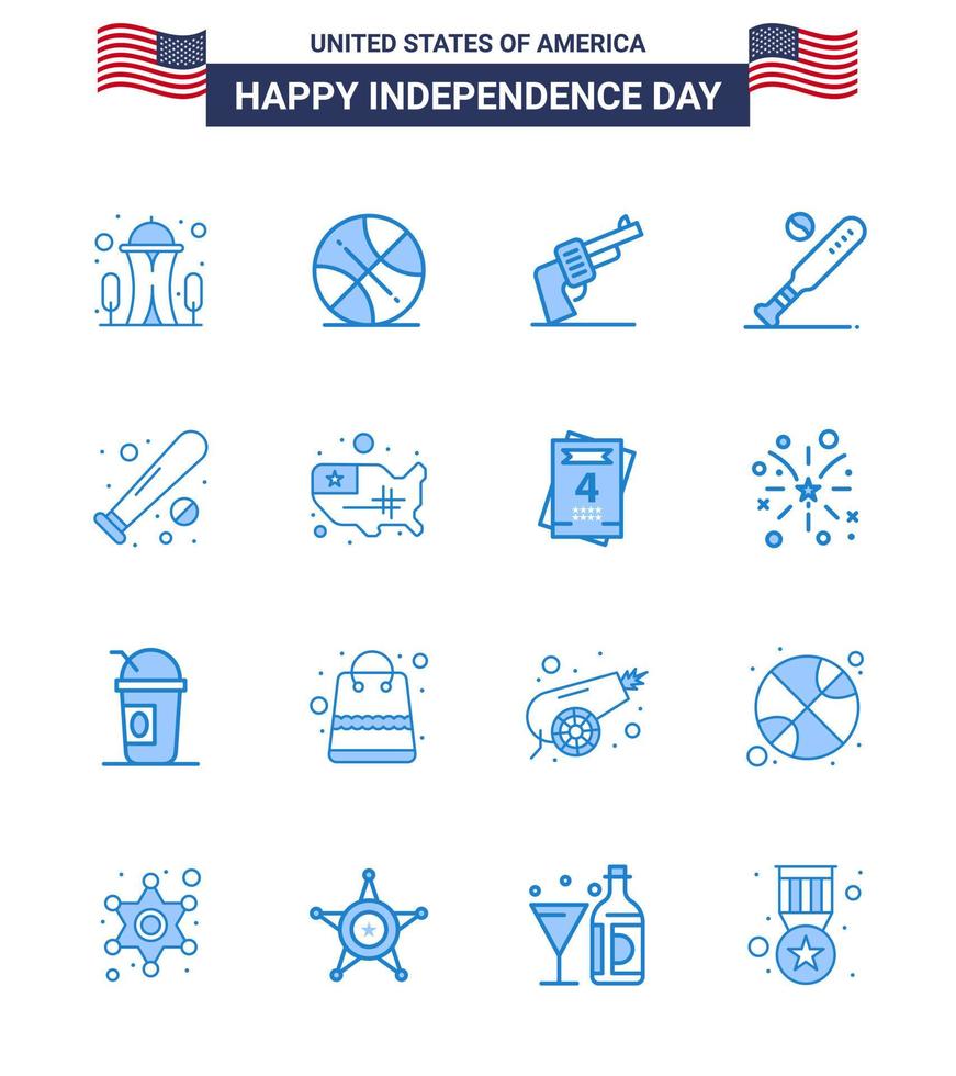 gelukkig onafhankelijkheid dag pak van 16 blues tekens en symbolen voor kaart sport- geweer knuppel bal bewerkbare Verenigde Staten van Amerika dag vector ontwerp elementen