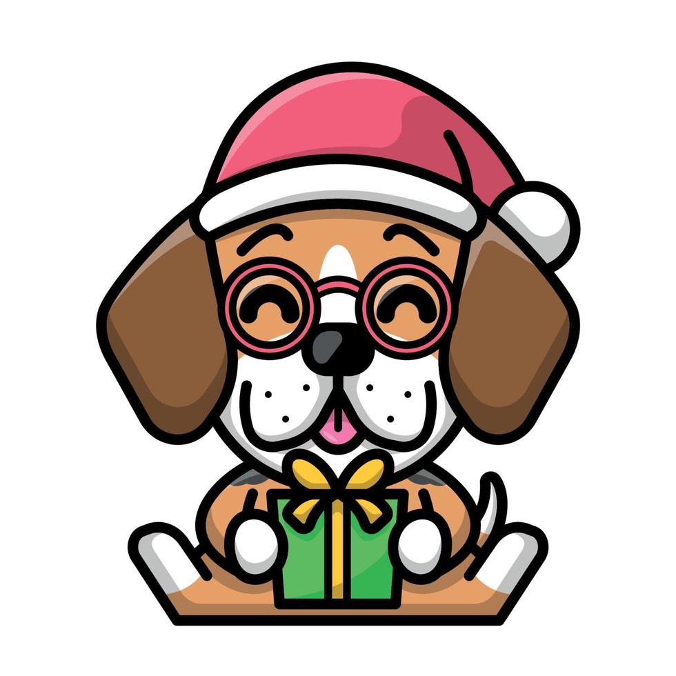 een schattig brak hond is vervelend de kerstman hoed en brengen een Cadeau doos vector