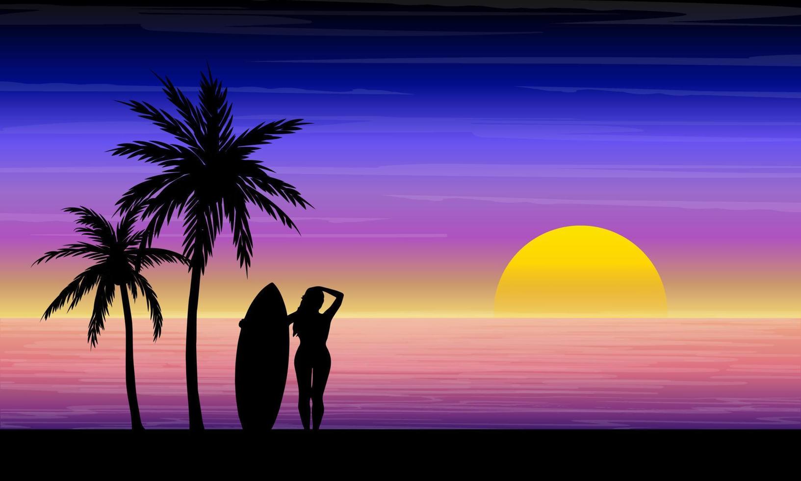 tropisch strand landschap met surfing meisje en palm bomen in 80's synthwave retro stijl. ontlopen panoramisch ontwerp. zee kant, west kust, Miami gevoel. wijnoogst visie met zonsondergang. vector