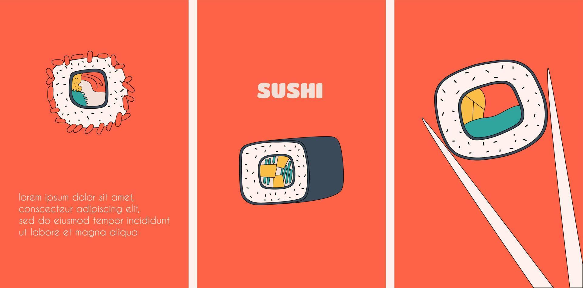 reeks van Sjablonen met sushi, Aziatisch keuken. verzameling van banners voor restaurants, menu's. vector illustratie