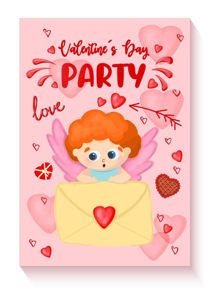 Valentijnsdag dag partij uitnodiging poster. verticaal banier voor st. Valentijnsdag dag. roze achtergrond met harten en Cupido. Cupido is een engel. vector