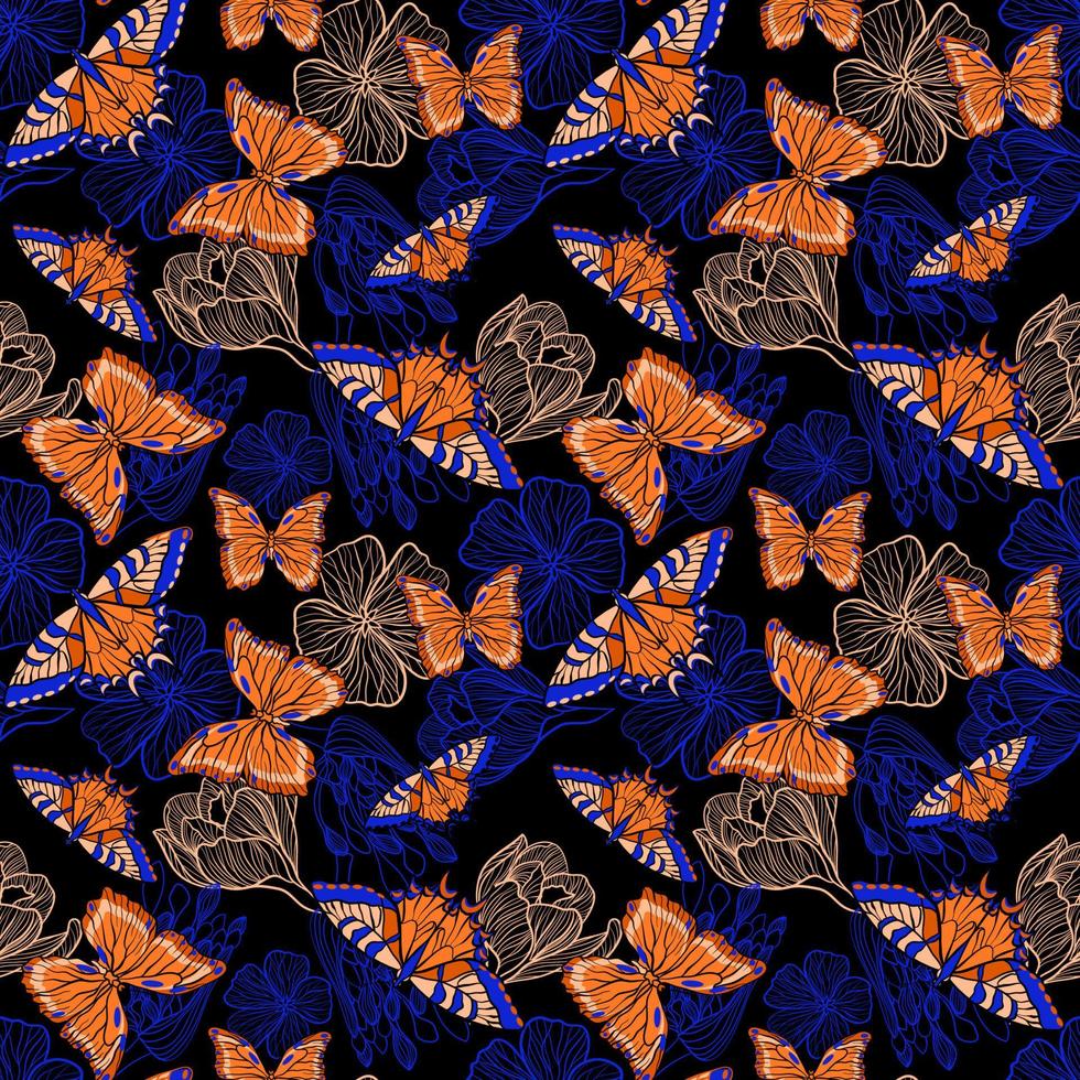 naadloos bloemen patroon met oranje vlinders en blauw bloemen in tekening techniek vector
