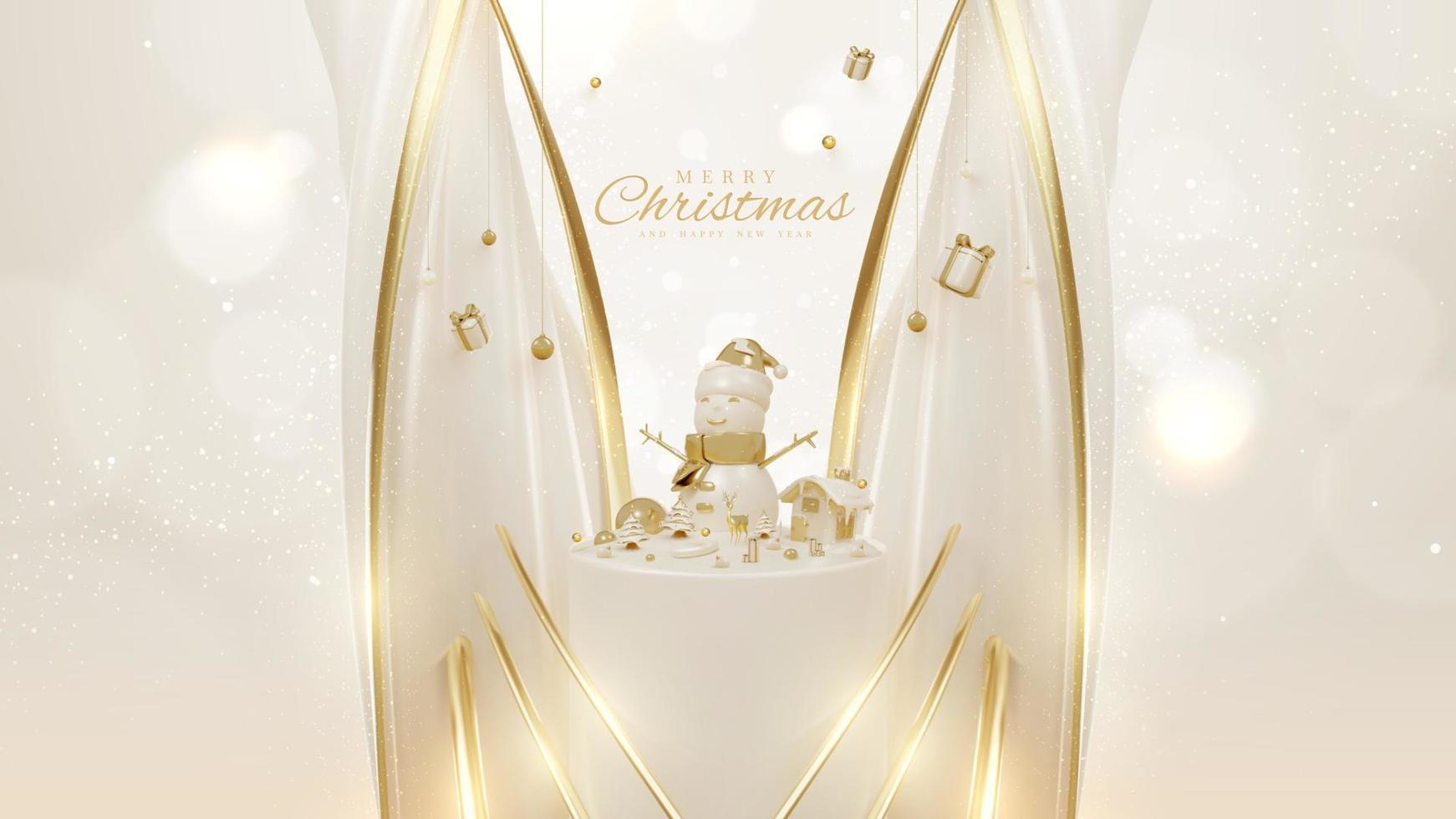 luxe achtergrond en goud kromme lijnen elementen met 3d realistisch Kerstmis ornamenten Aan podium en sprankelend licht effect met bokeh decoraties en sneeuw. vector illustratie.