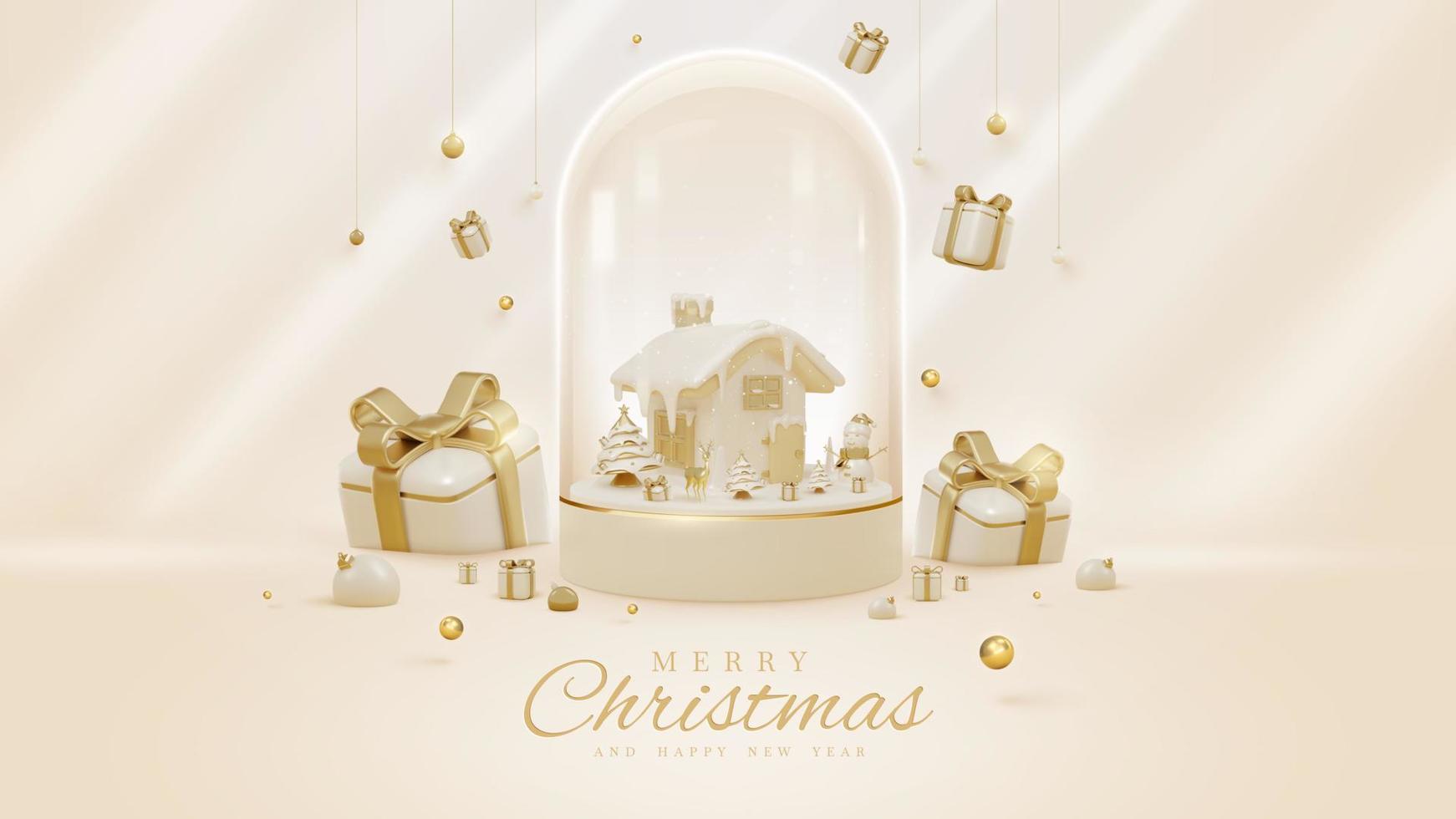 luxe stijl achtergrond met 3d realistisch Kerstmis ornamenten in glas fles Aan podium met sneeuw elementen en schitteren licht effect decoraties en bokeh. vector illustratie.