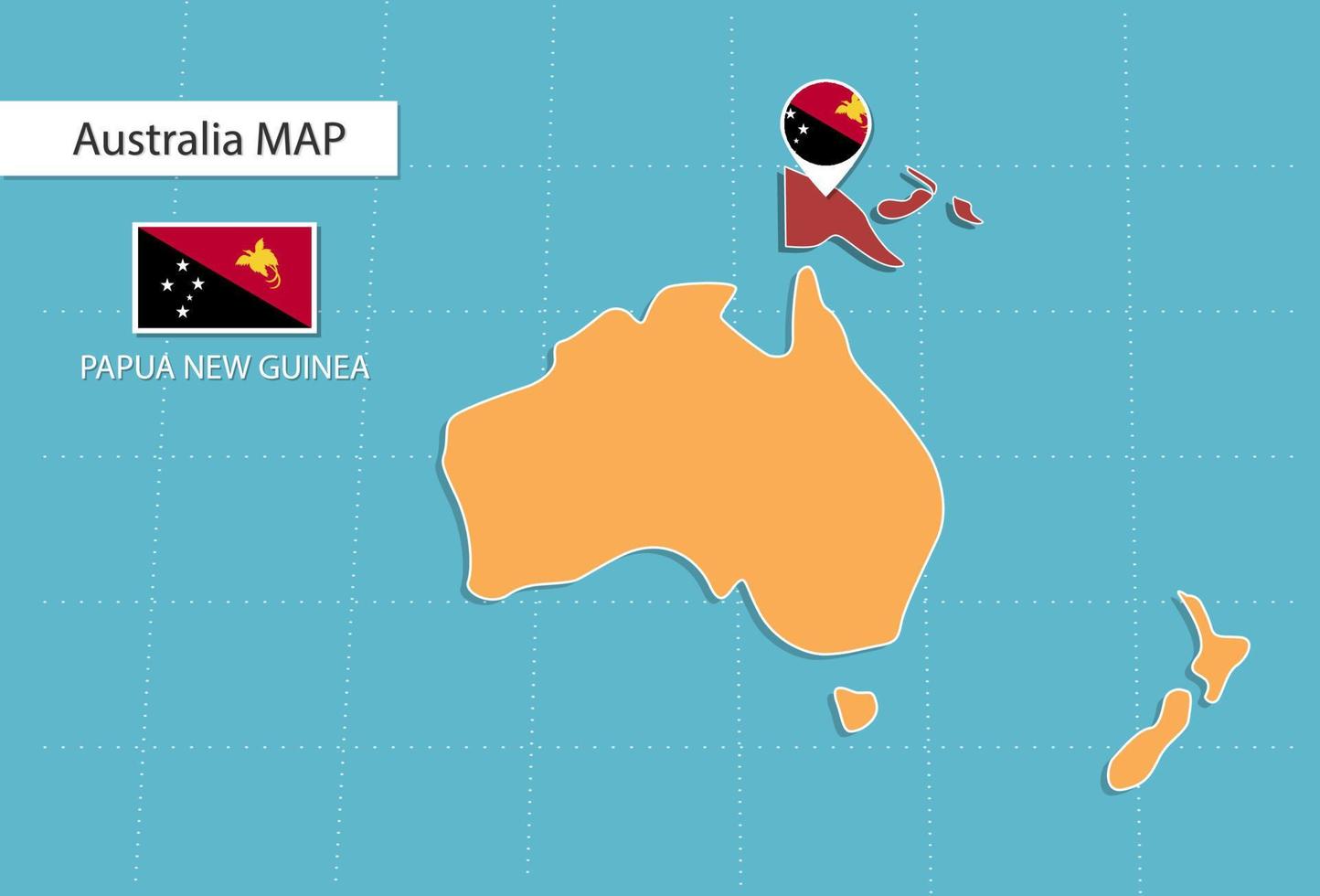 Papoea nieuw Guinea kaart in Australië, pictogrammen tonen Papoea nieuw Guinea plaats en vlaggen. vector