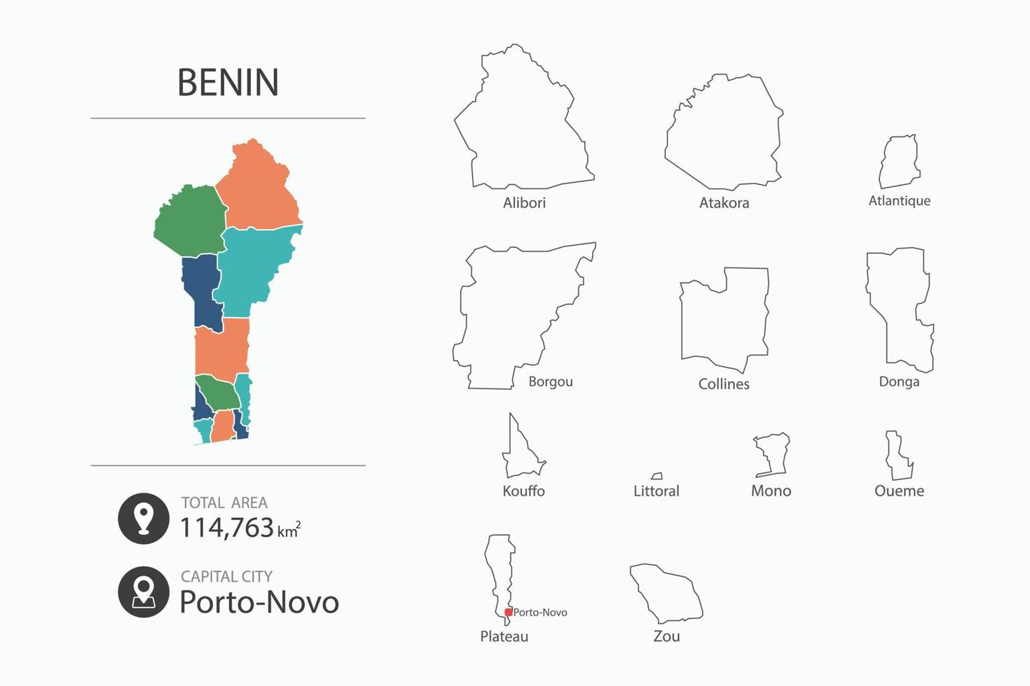 kaart van Benin met gedetailleerd land kaart. kaart elementen van steden, totaal gebieden en hoofdstad. vector