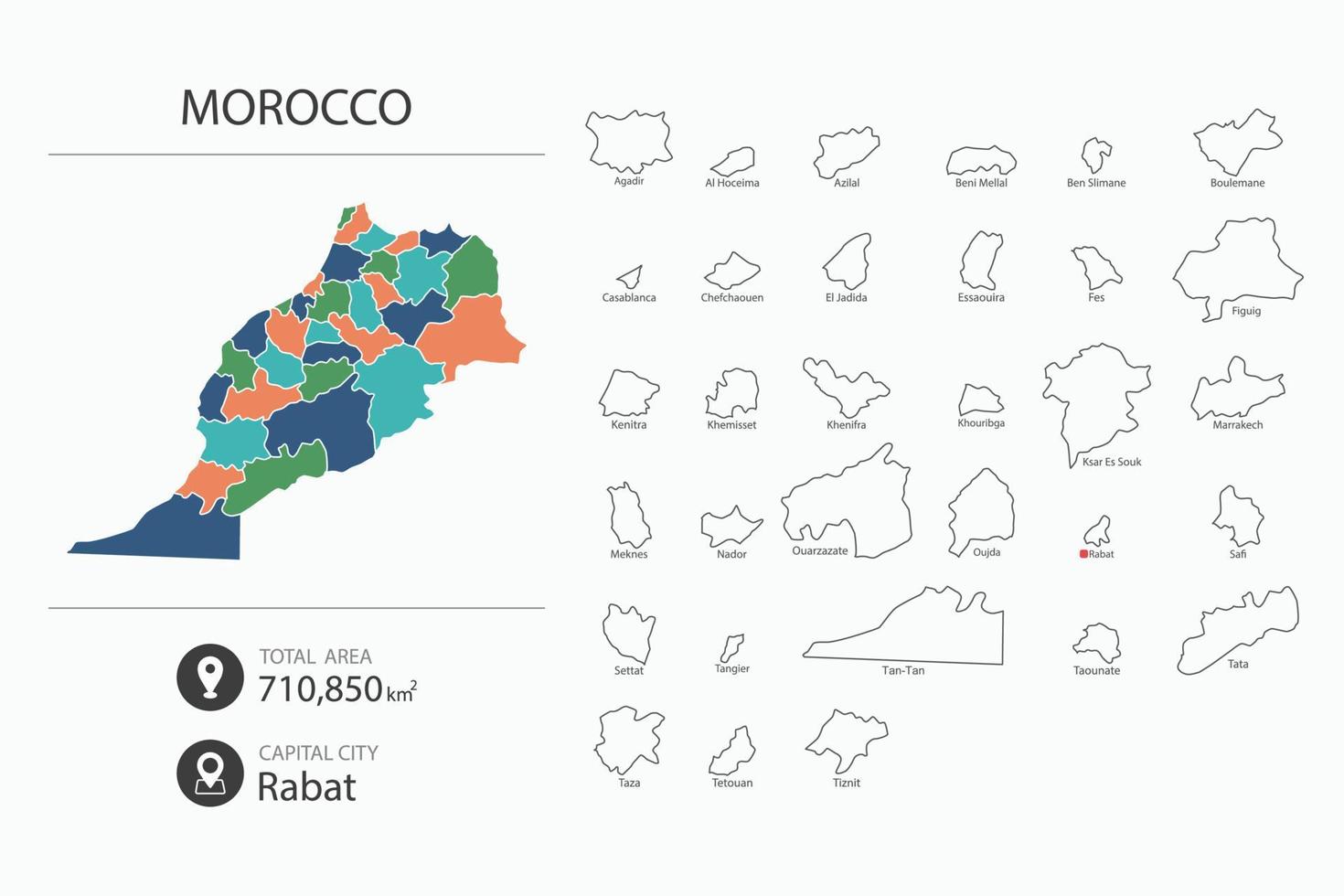 kaart van Marokko met gedetailleerd land kaart. kaart elementen van steden, totaal gebieden en hoofdstad. vector