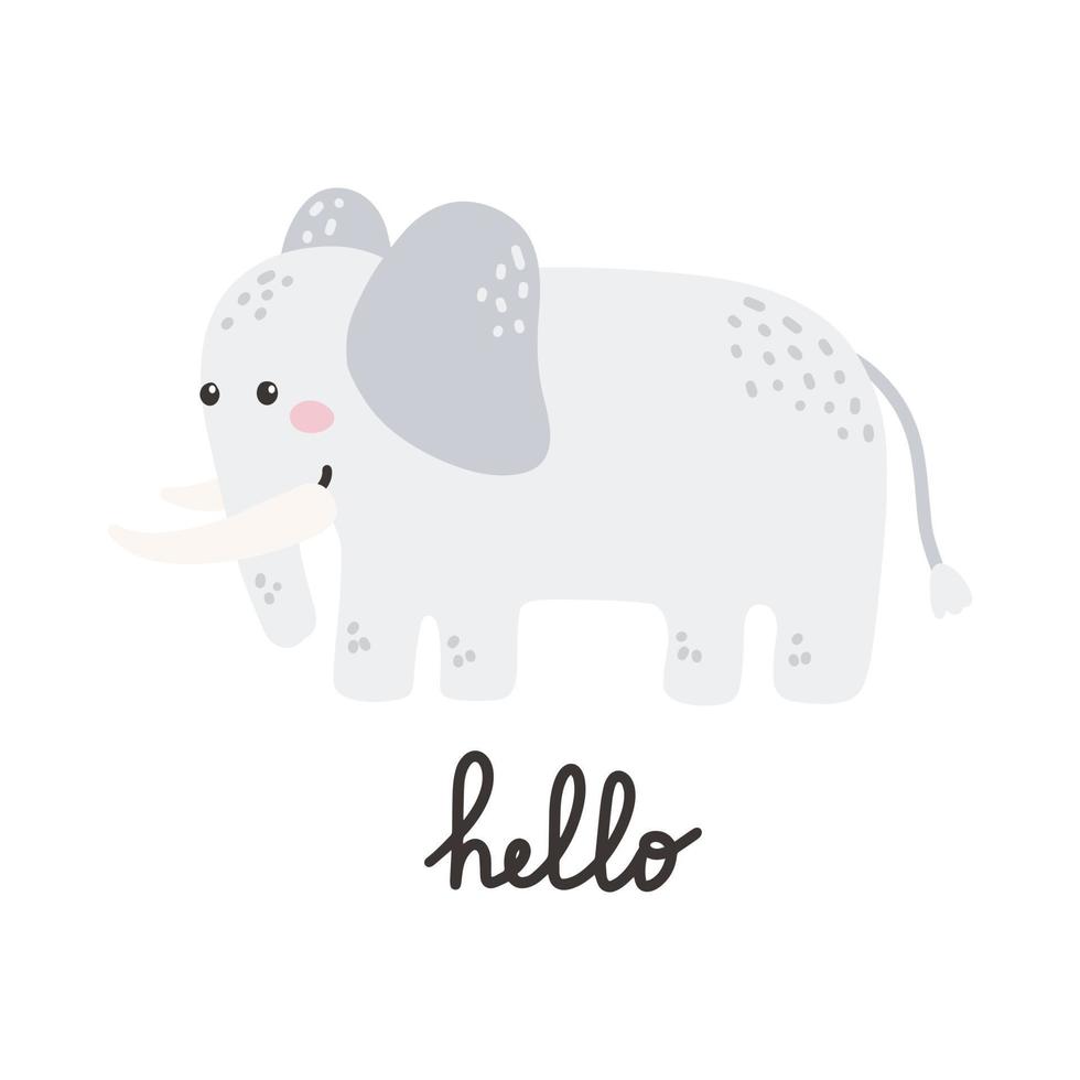 schattig olifant met belettering Hallo. vector hand- getrokken illustratie, kinderen afdrukken voor ansichtkaarten, affiches, t-shirt