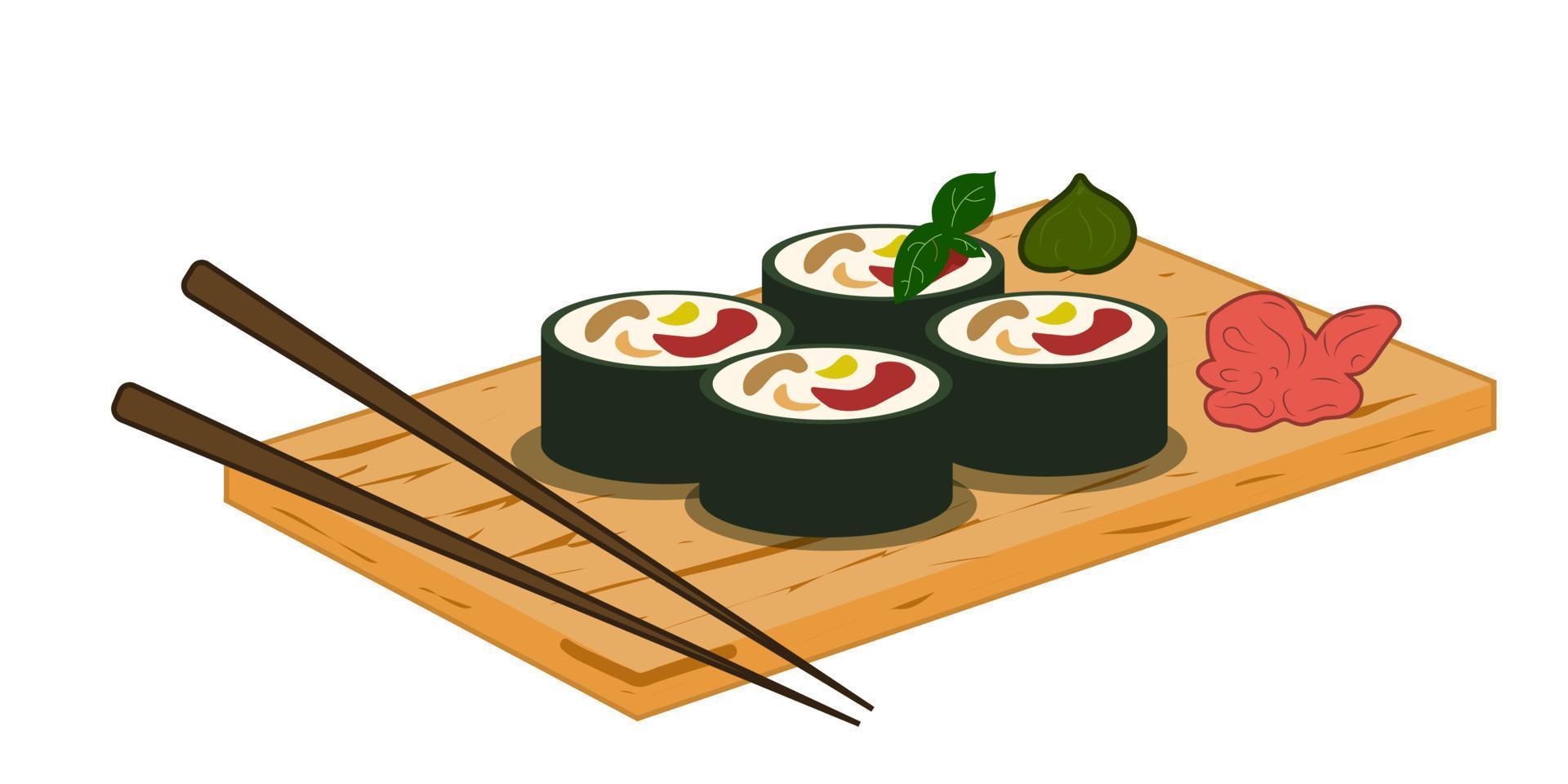 sushi broodjes, houten bord met eetstokjes, soja saus. Aziatisch voedsel vector illustratie