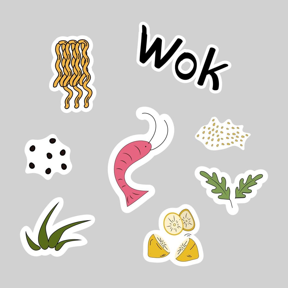 stickers Aziatisch eten voedsel. vector illustratie wok noedels, zeevruchten, groenen, kruiden, pepers, garnaal