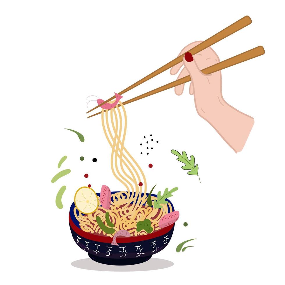 Aziatisch voedsel doos met noedels en ingrediënten. hand- met eetstokjes verhogen noedels. vector illustratie