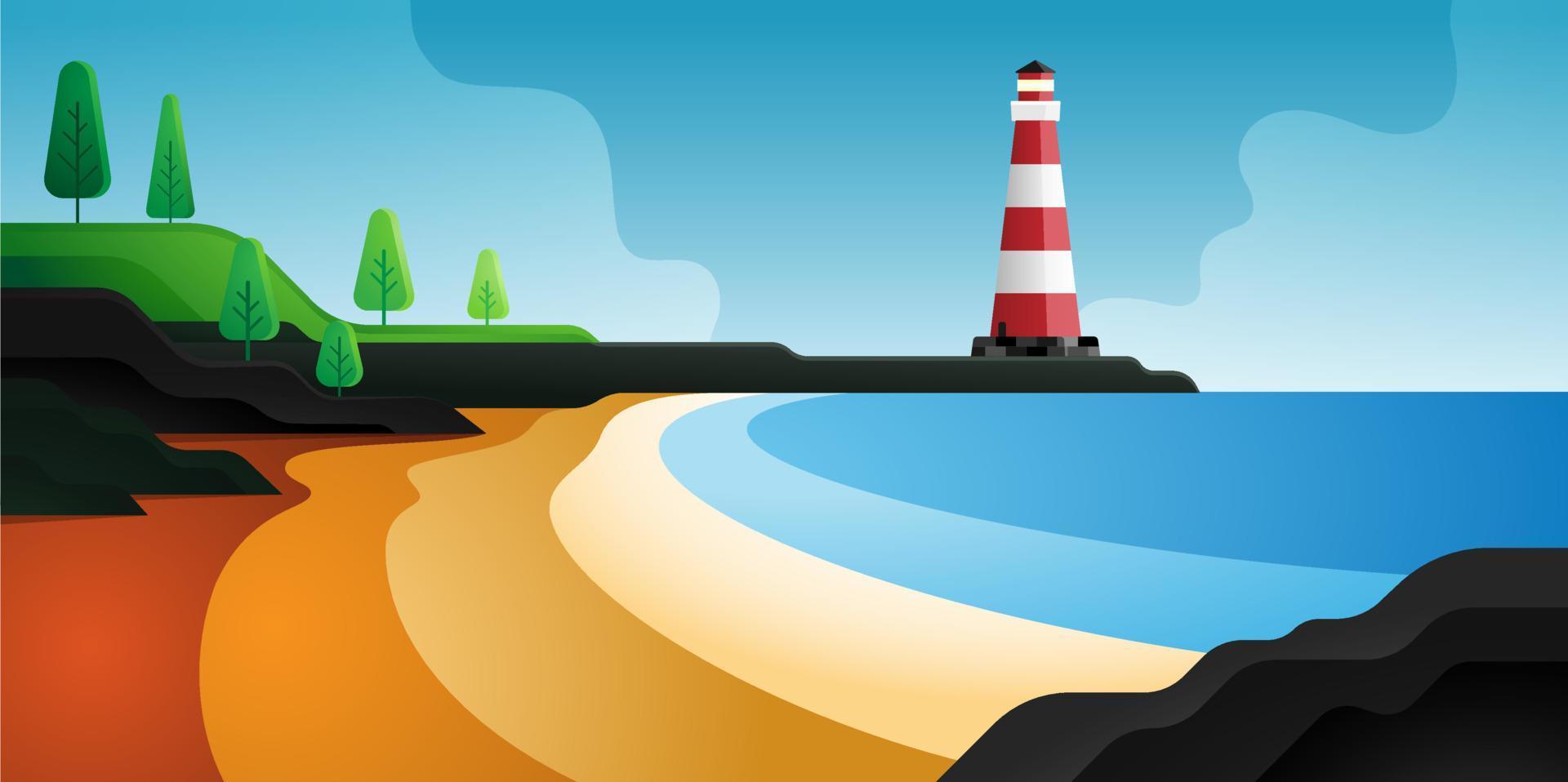 vuurtoren strandlandschap. zee achtergrond. vector illustratie