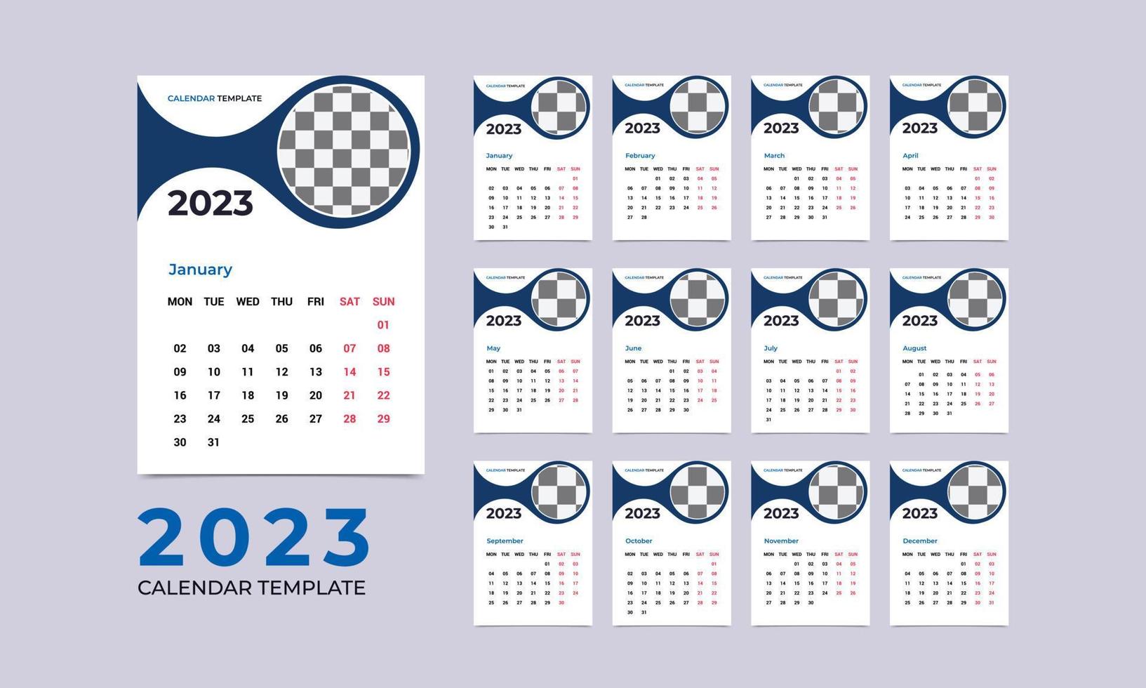 maandelijks muur kalender sjabloon voor 2023 jaar. zakelijke en bedrijf kalender. week begint van zondag. 12 maanden Sjablonen. 2023 minimaal muur kalender ontwerper ontwerp voor het drukken sjabloon. vector