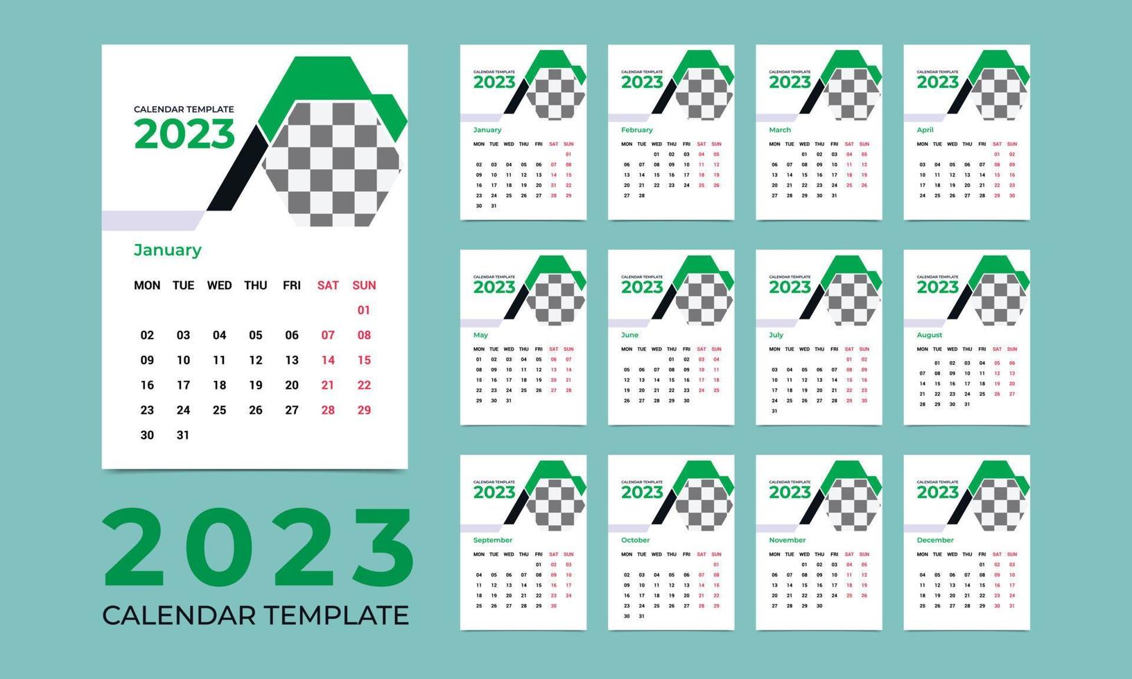 maandelijks muur kalender sjabloon voor 2023 jaar. week begint van zondag. 12 maanden Sjablonen. 2023 minimaal muur kalender ontwerper ontwerp voor het drukken sjabloon. vector illustratie.