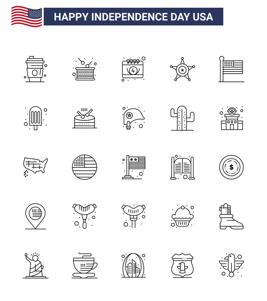 4e juli Verenigde Staten van Amerika gelukkig onafhankelijkheid dag icoon symbolen groep van 25 modern lijnen van vlag ster onafhankelijkheid Politie dag bewerkbare Verenigde Staten van Amerika dag vector ontwerp elementen