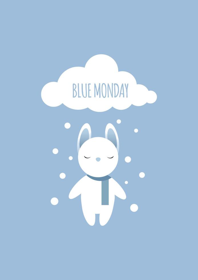 een wit verdrietig konijn met Gesloten ogen staat onder een wolk van schors het is sneeuwen Aan een blauw maandag vector