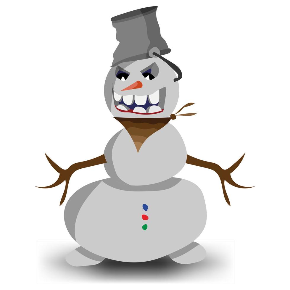 sneeuwman met een emmer Aan zijn hoofd en een cowboy verband. sjaal en hoed. onheil en mooi zo sneeuwman. vector illustratie.