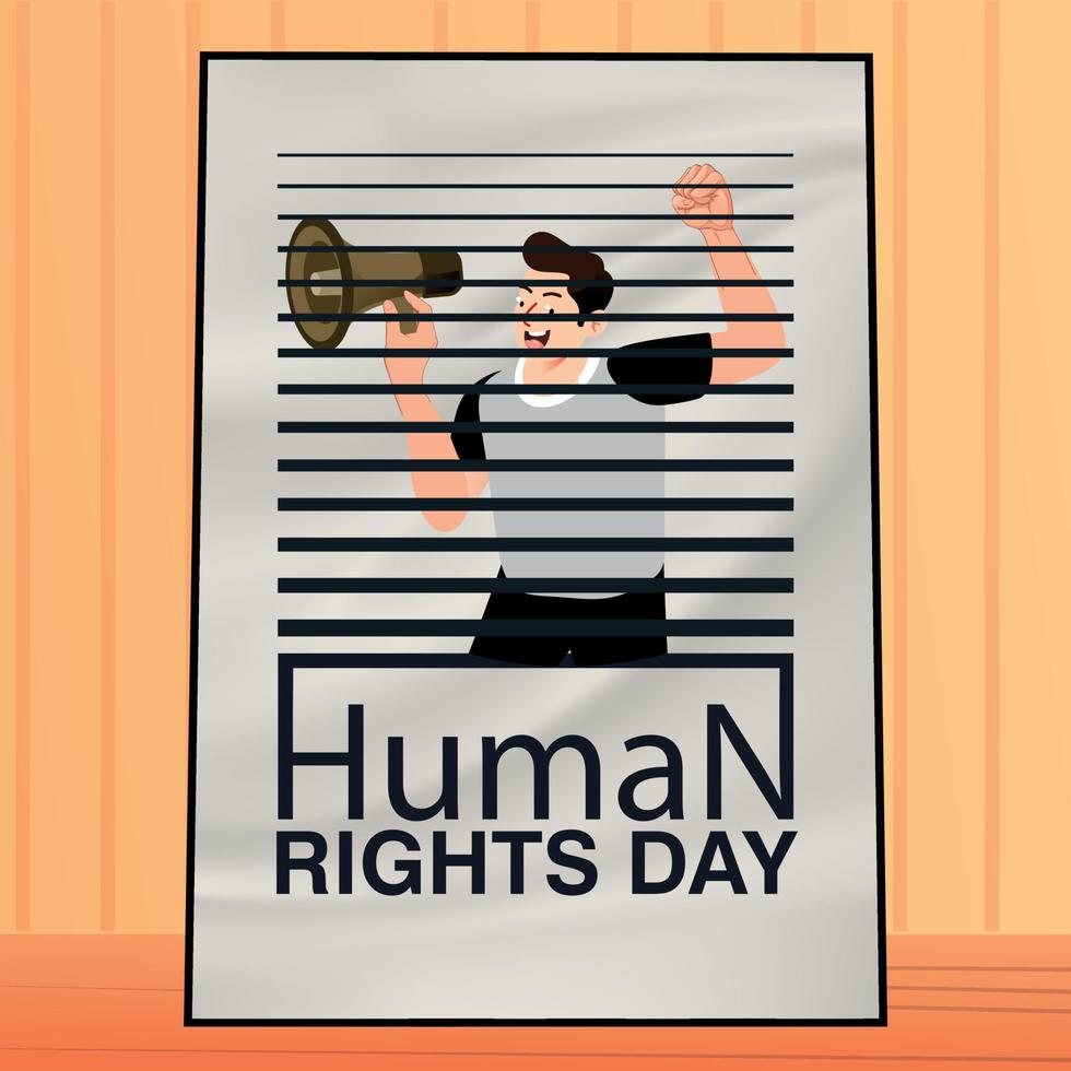 illustratie van mensen verdedigen menselijk rechten met megafoon achter rooster. gelukkig Internationale wereld menselijk rechten dag. menselijk rechten dag banier van verschillend mensen handen vector afbeelding.
