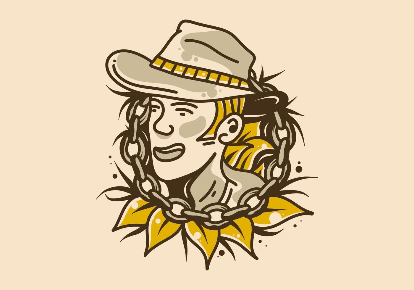 wijnoogst illustratie tekening van mannen slijtage cowboy hoeden met kettingen en bladeren in de omgeving van hen vector