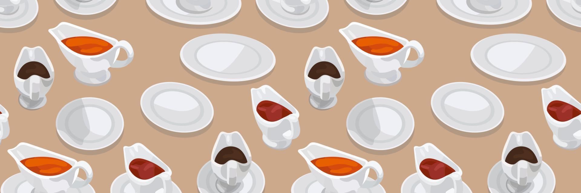 een patroon van sauzen en platen. verschillend sauzen in pannen mosterd, tomaat, soja. geschikt voor het drukken Aan textiel en papier voor restaurants en cafés. vector