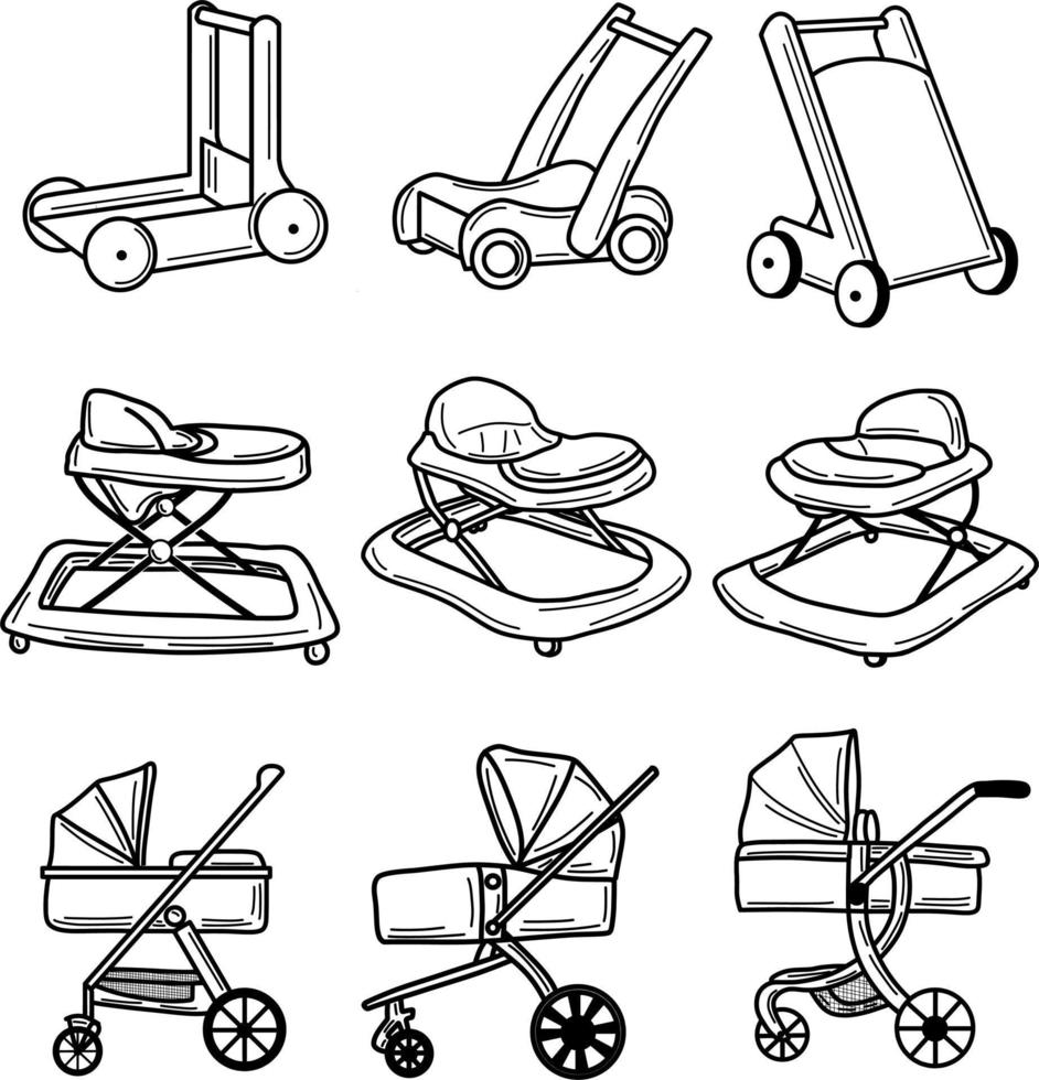 met de hand getekend tekening van baby wandelaar en wandelwagen vector